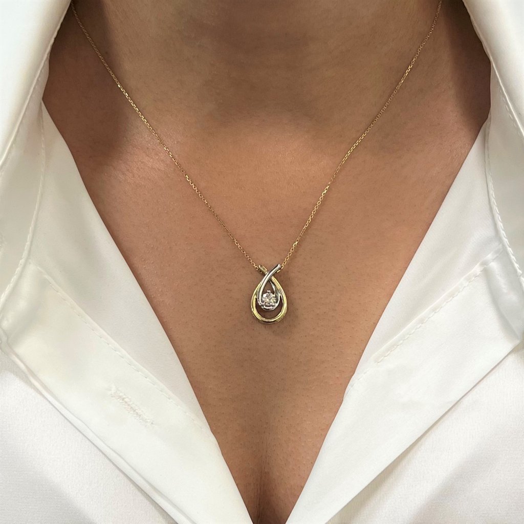 Two Tone Pear Shaped Gold Diamond Pendant Necklace Yellow And White Gold 0.15ctw
